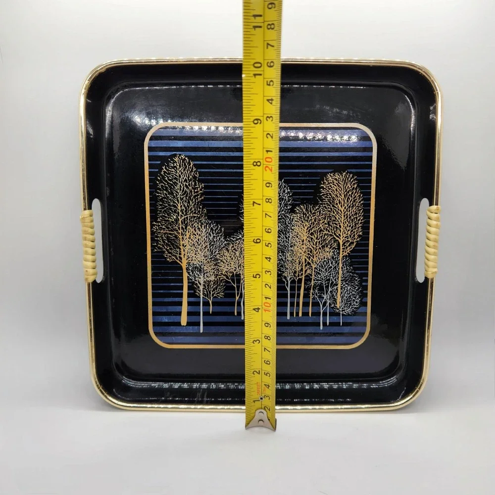 Vintage MCM Square Serving Tray Black Gold Navy Blue Tree Graphic Wicker Handles